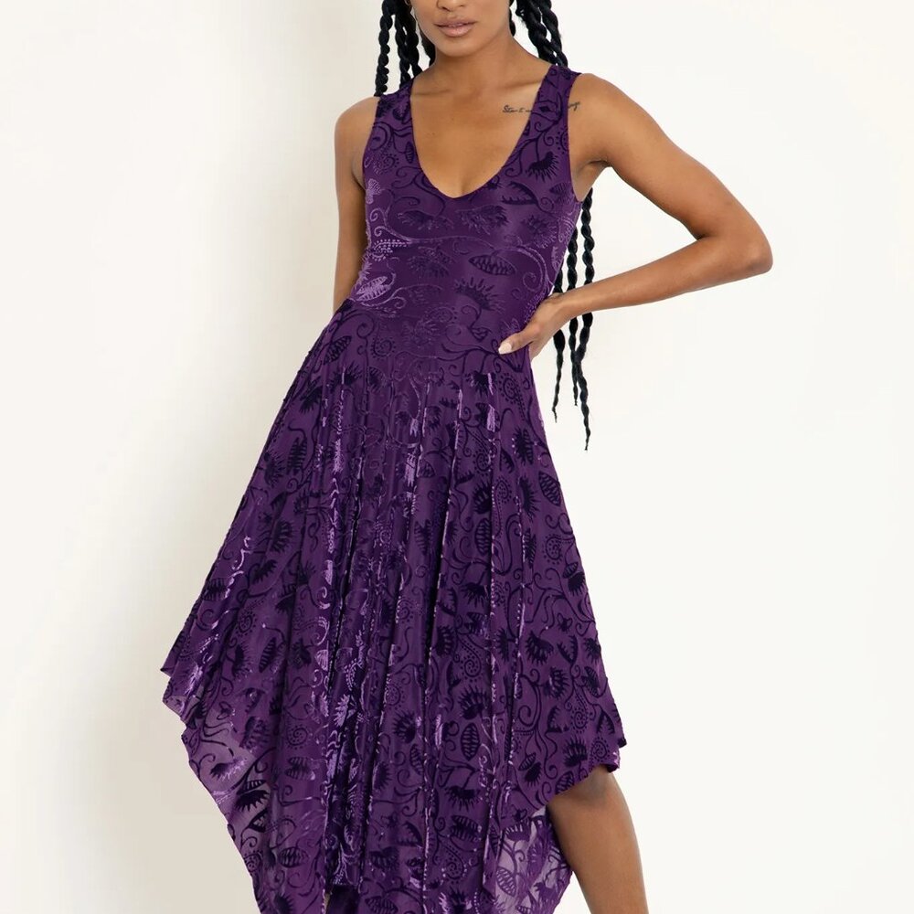 BURNED VELVET I EAT FLIES V NECK HANDKERCHIEF DRESS